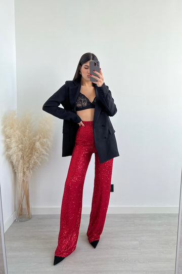 Pantalone lungo in paillettes rosso