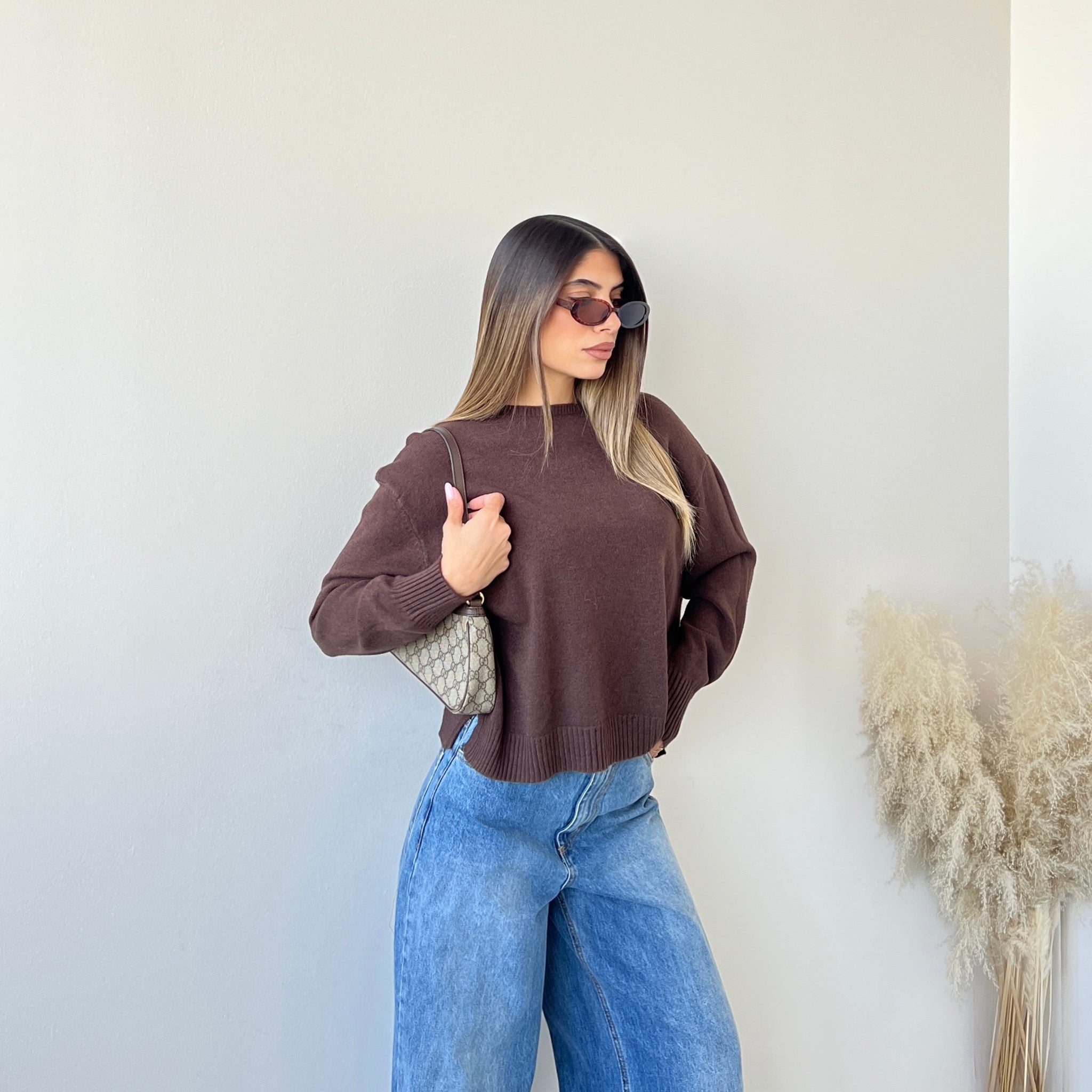 Pullover girocollo e spacchi 1873 caffè