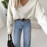 Pullover scollo a V lana cahsmere seta panna