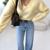 Pullover scollo a V lana cahsmere seta giallo pastello