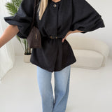 Cardigan pesante con bottone centrale manica a sbuffo e cintura dark grey