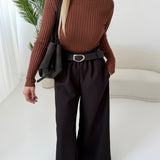 Pantalone a righe sottili a palazzo con cintura brown