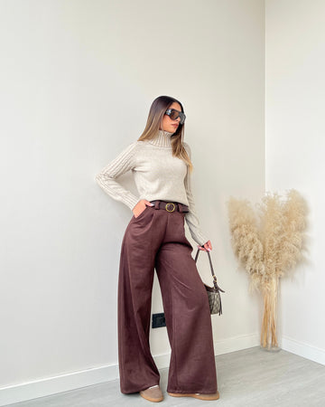 Pantalone effetto velluto con cintura 684025 brown