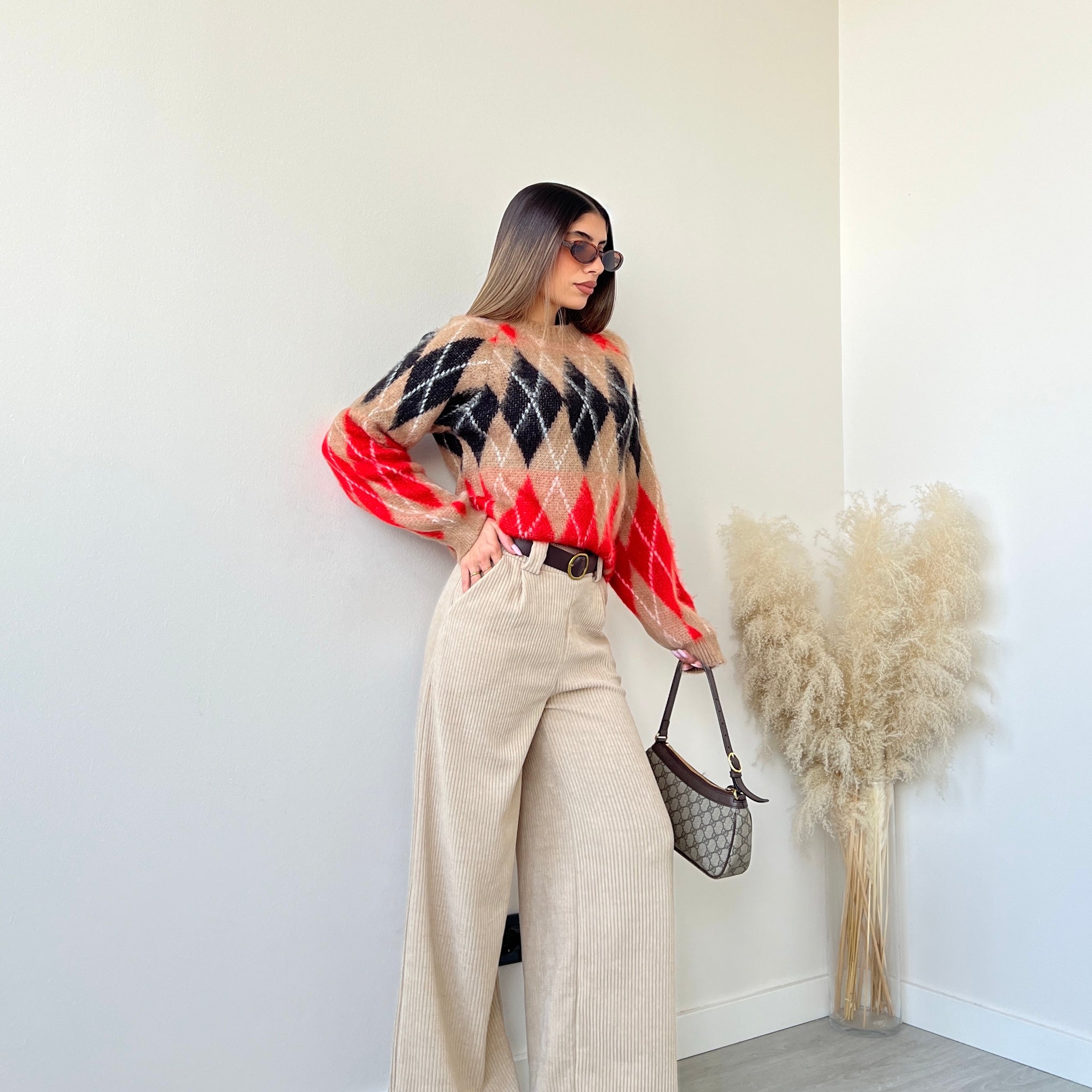 Pantalone morbido palazzo a coste con cintura beige