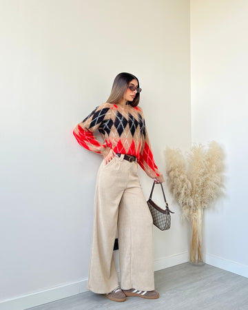 Pantalone morbido palazzo a coste con cintura beige