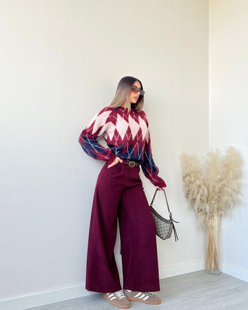 Pantalone morbido palazzo a coste con cintura burgundy