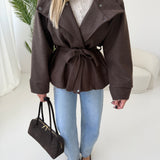 Cappotto in panno con manica ampia e cintura brown