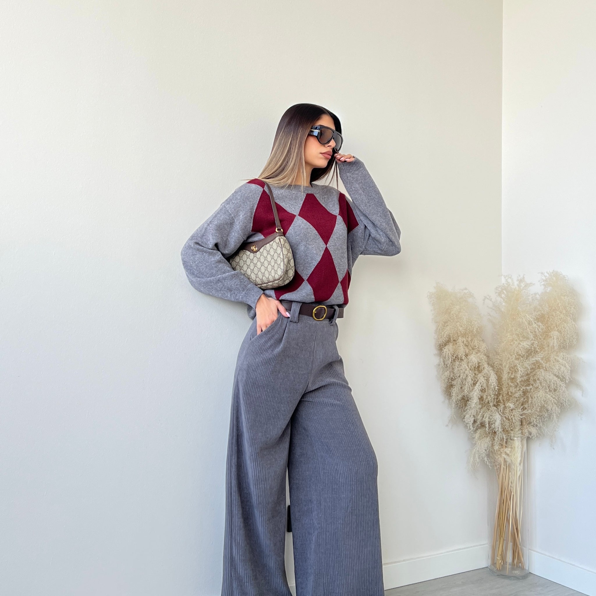 Pantalone morbido palazzo a coste con cintura grey