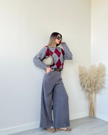 Pantalone morbido palazzo a coste con cintura grey