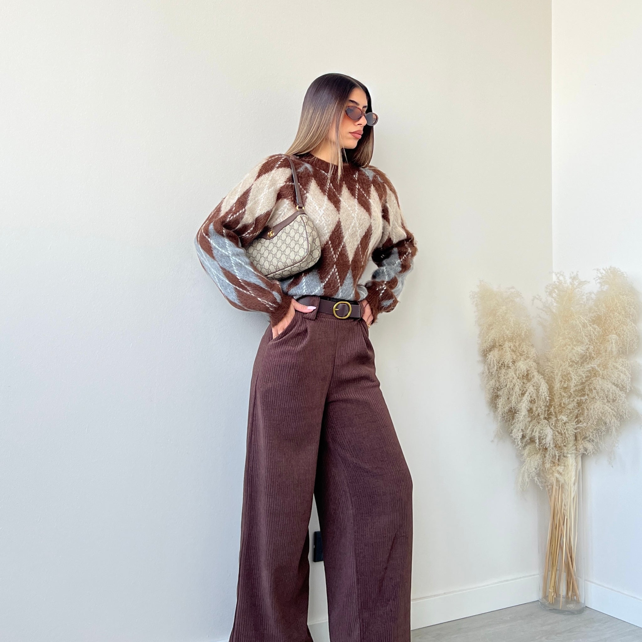 Pantalone morbido palazzo a coste con cintura brown
