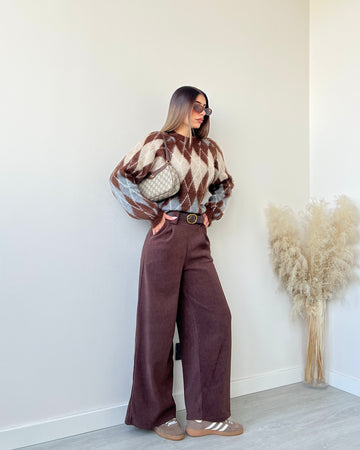 Pantalone morbido palazzo a coste con cintura brown