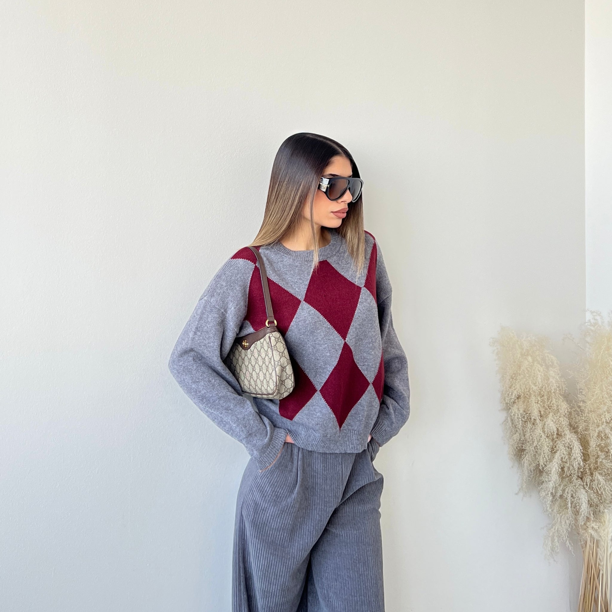 Pullover rombi grey e burgundy