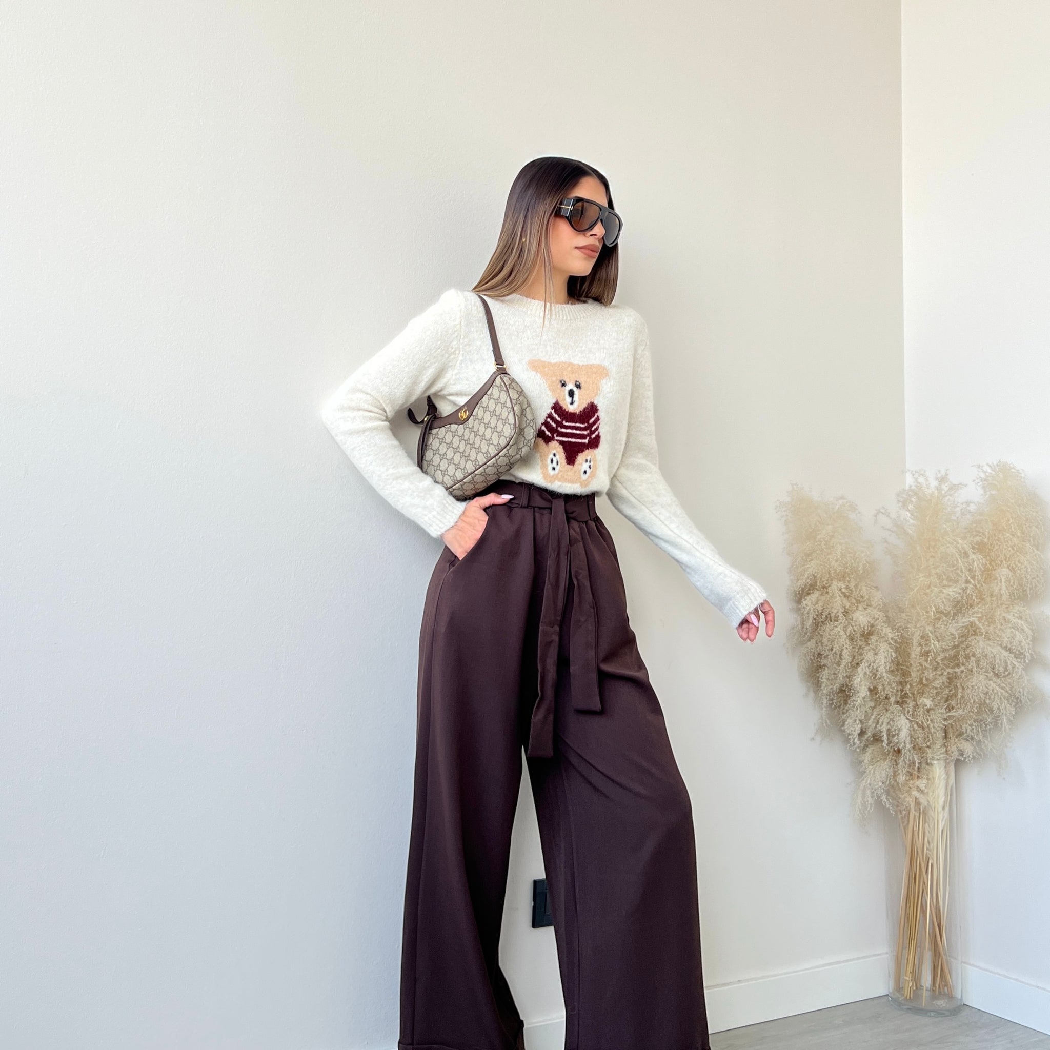 Pantalone palazzo con cinturino caffè