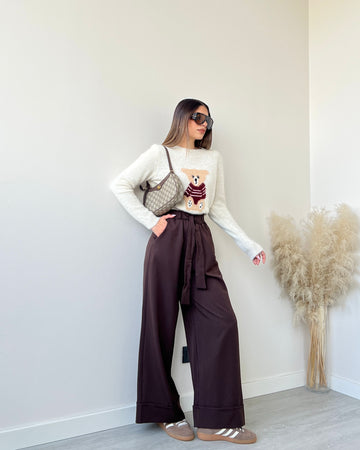 Pantalone palazzo con cinturino caffè