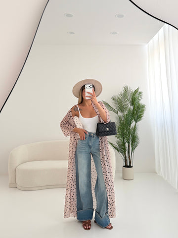 Kimono velato con cintura a pois beige