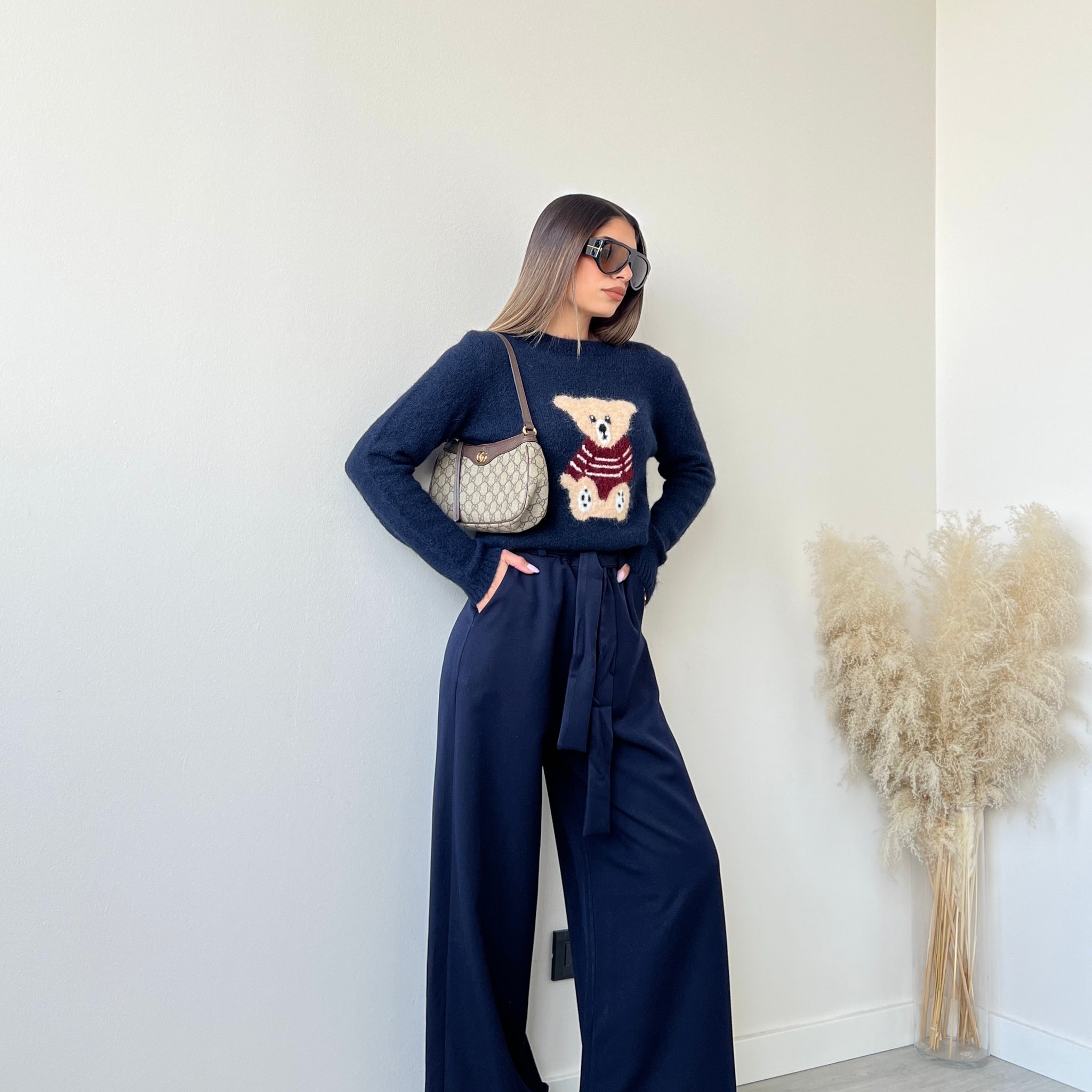 Pantalone palazzo con cinturino blu