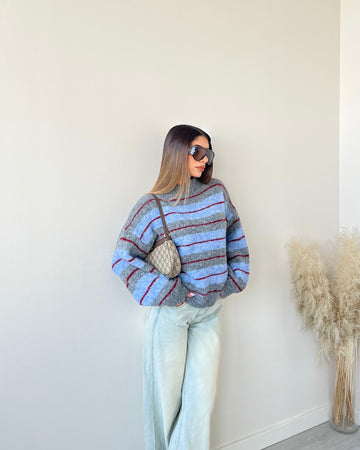Pullover a righe grigio e celeste
