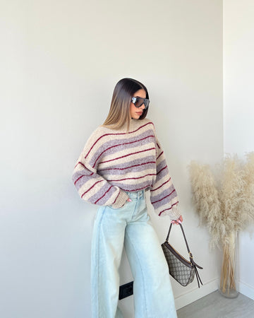 Pullover a righe beige e lavanda