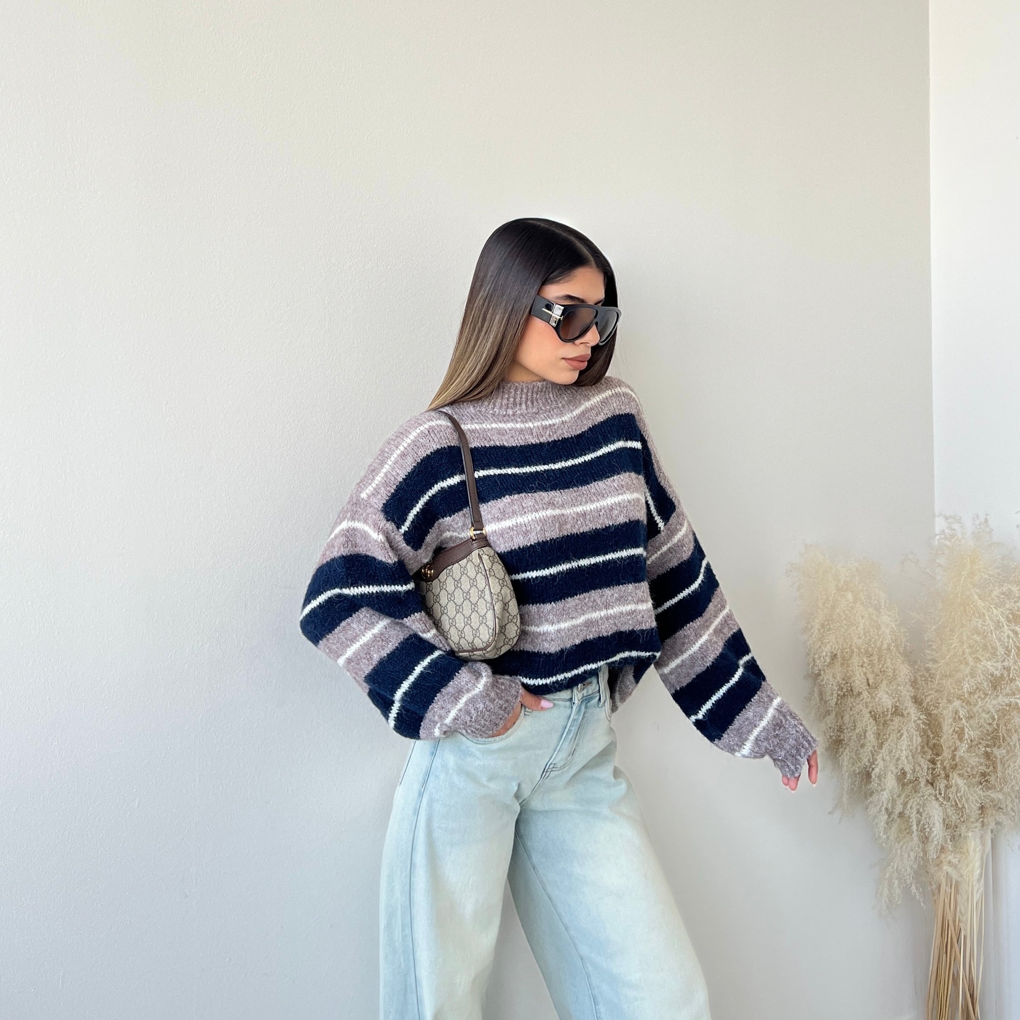 Pullover a righe lavanda e blu