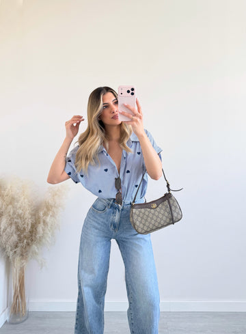 Camicia cuori blu a manica corta