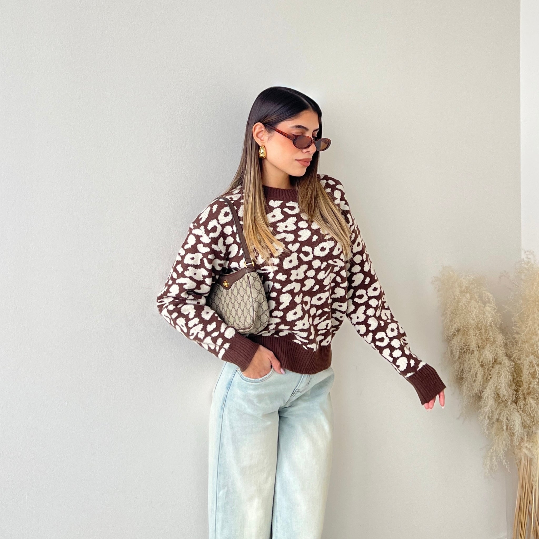 Pullover trama animalier caffè