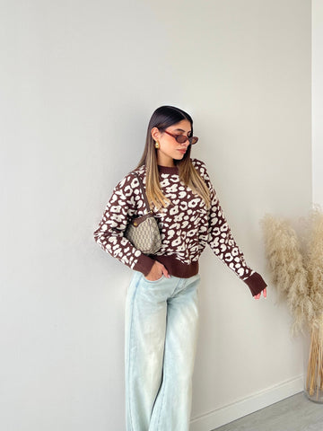 Pullover trama animalier caffè