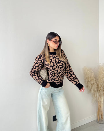 Pullover trama animalier nero