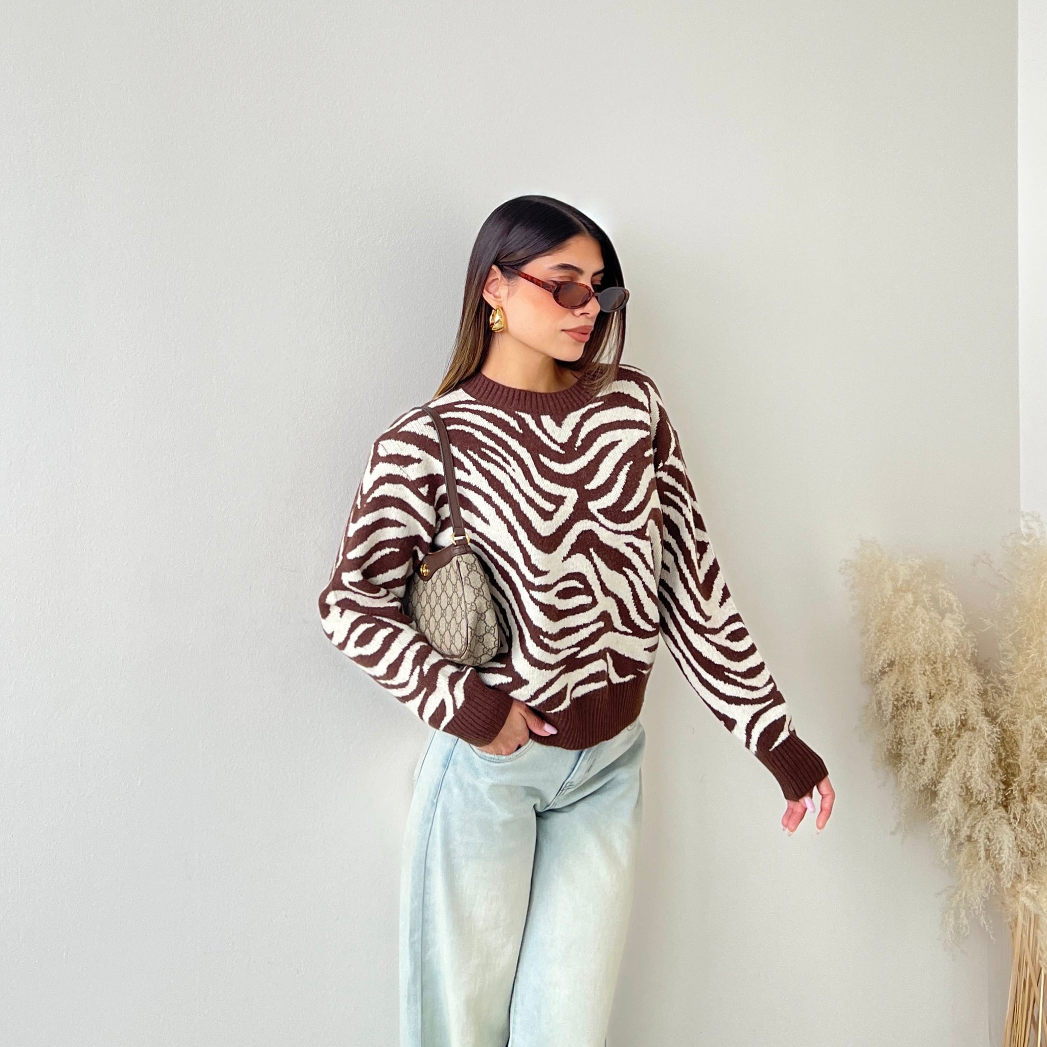 Pullover trama zebrata caffè