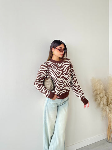 Pullover trama zebrata caffè