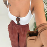 Pantalone 100 lino gamba larga a righe ruggine