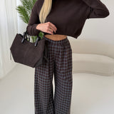 Pantalone palazzo tartan gamba larga brown e celeste
