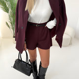 Shorts vita alta con cinturino tinta unita burgundy