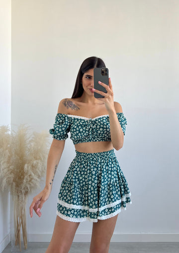 Completo top + gonna a fiori verde