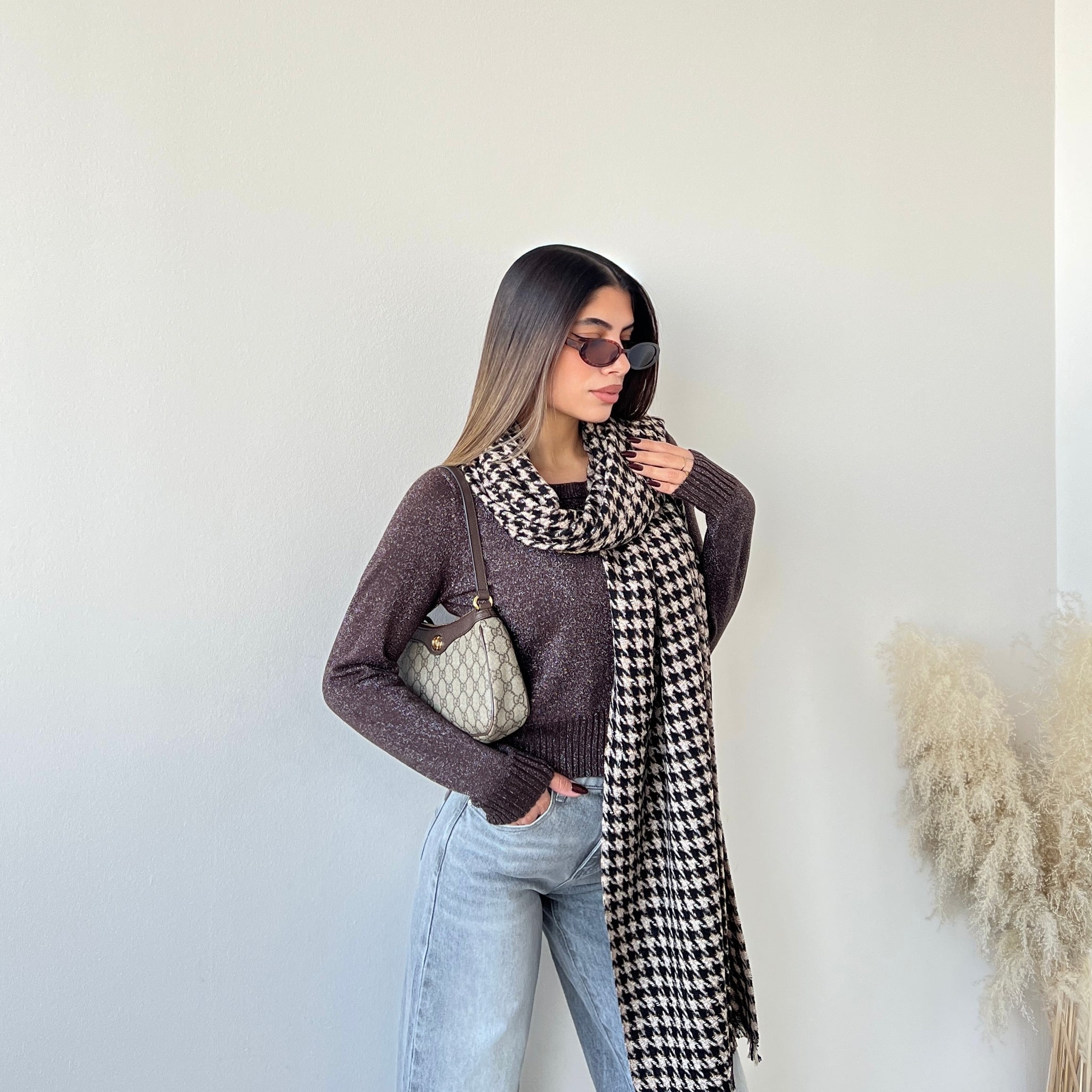 Sciarpa pied de poule beige e nera