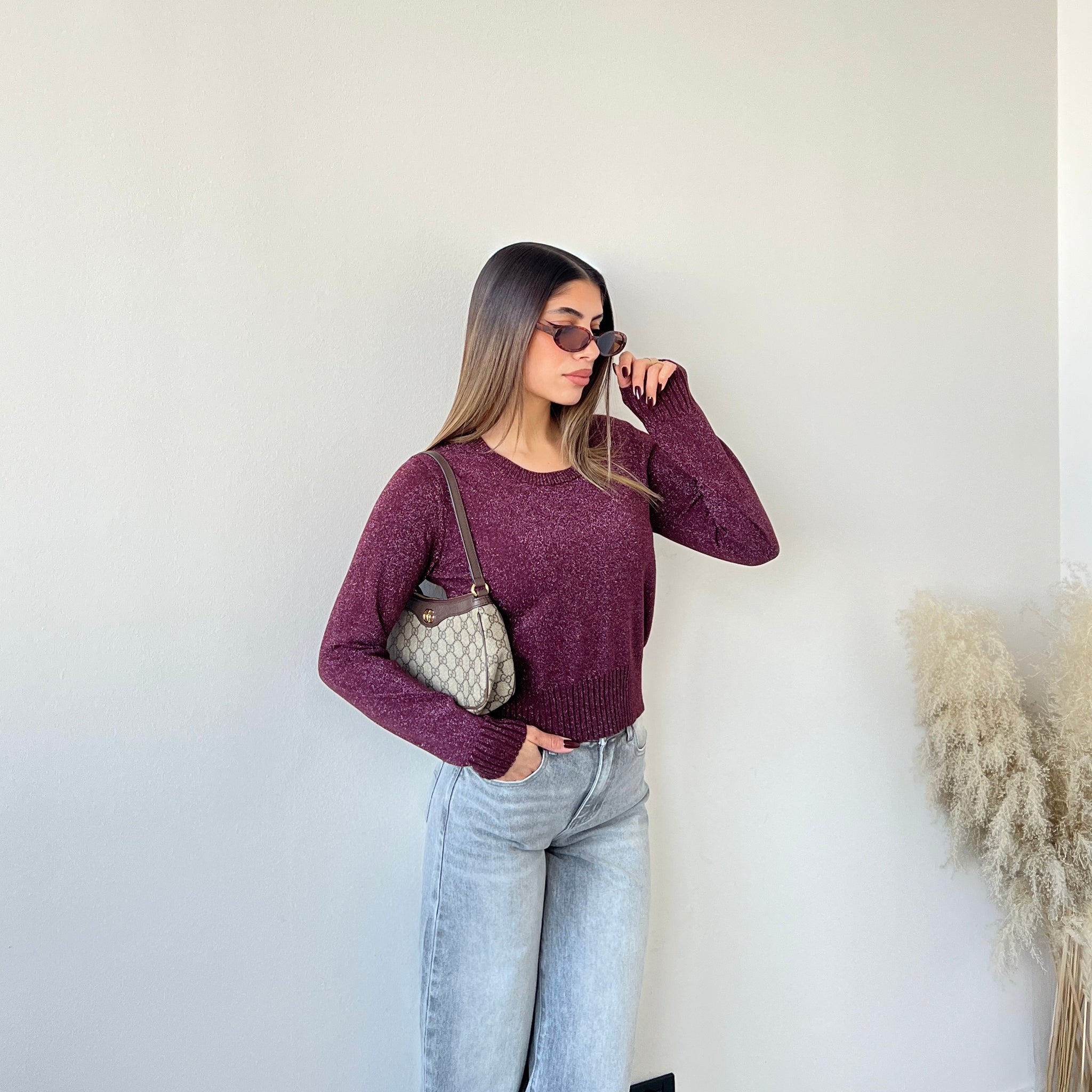 Maglia brillantinata collo rotondo 3175 vino