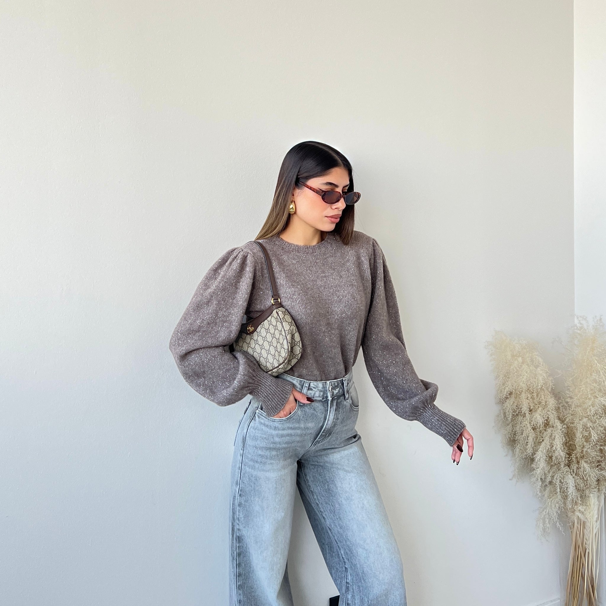 Pullover manica a sbuffo con fibre argento fango