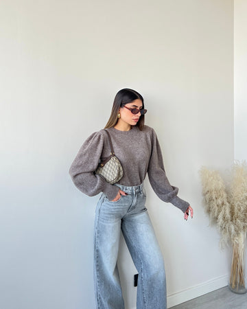 Pullover manica a sbuffo con fibre argento fango