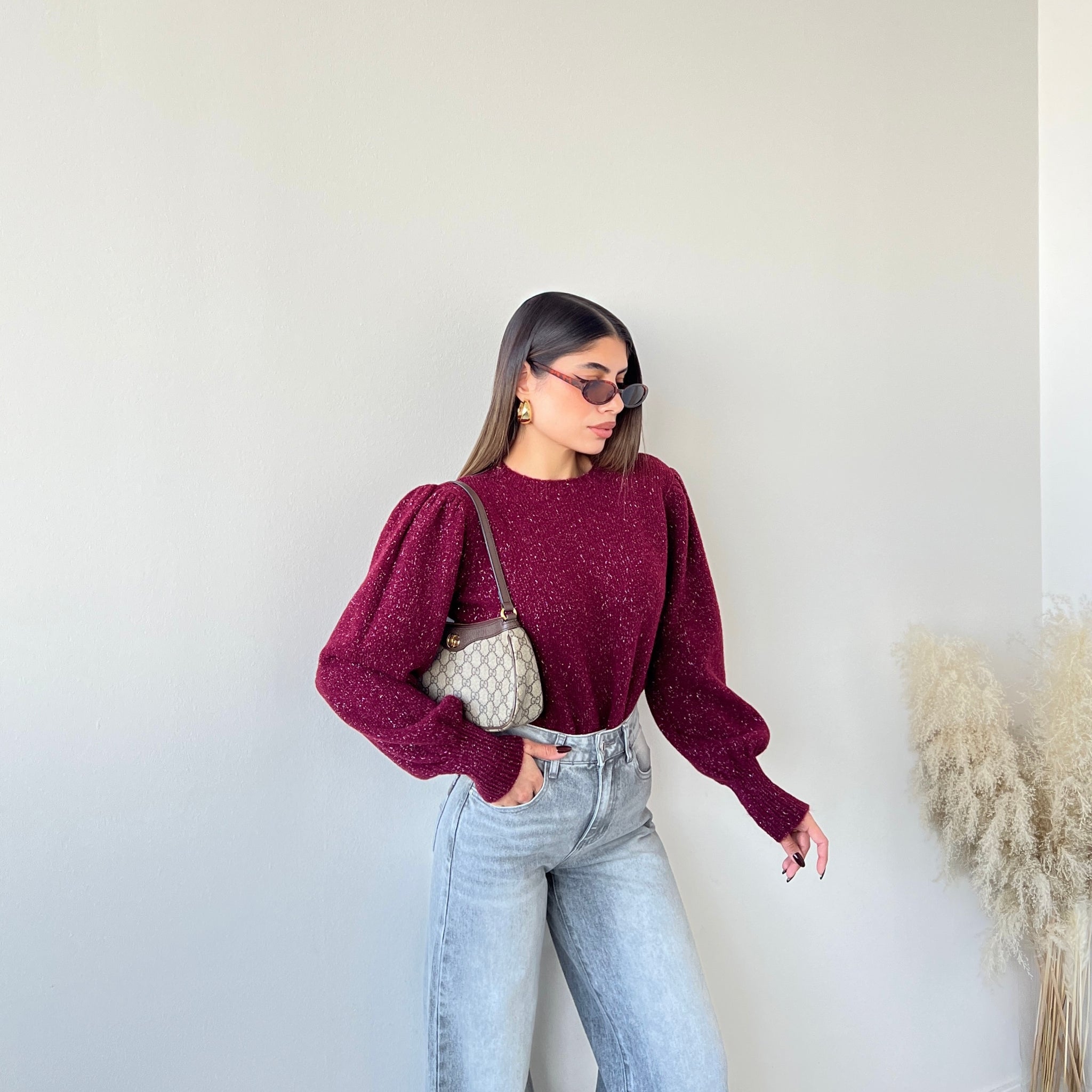 Pullover manica a sbuffo con fibre argento bordeaux