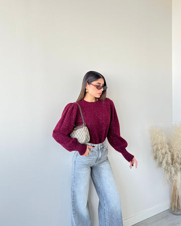 Pullover manica a sbuffo con fibre argento bordeaux