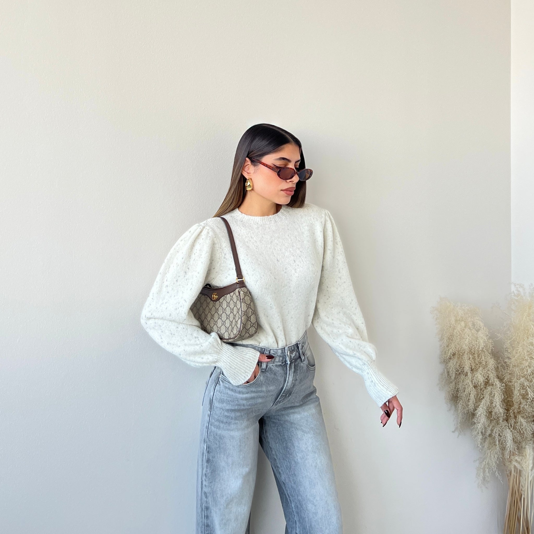 Pullover manica a sbuffo con fibre argento panna