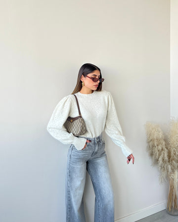 Pullover manica a sbuffo con fibre argento panna