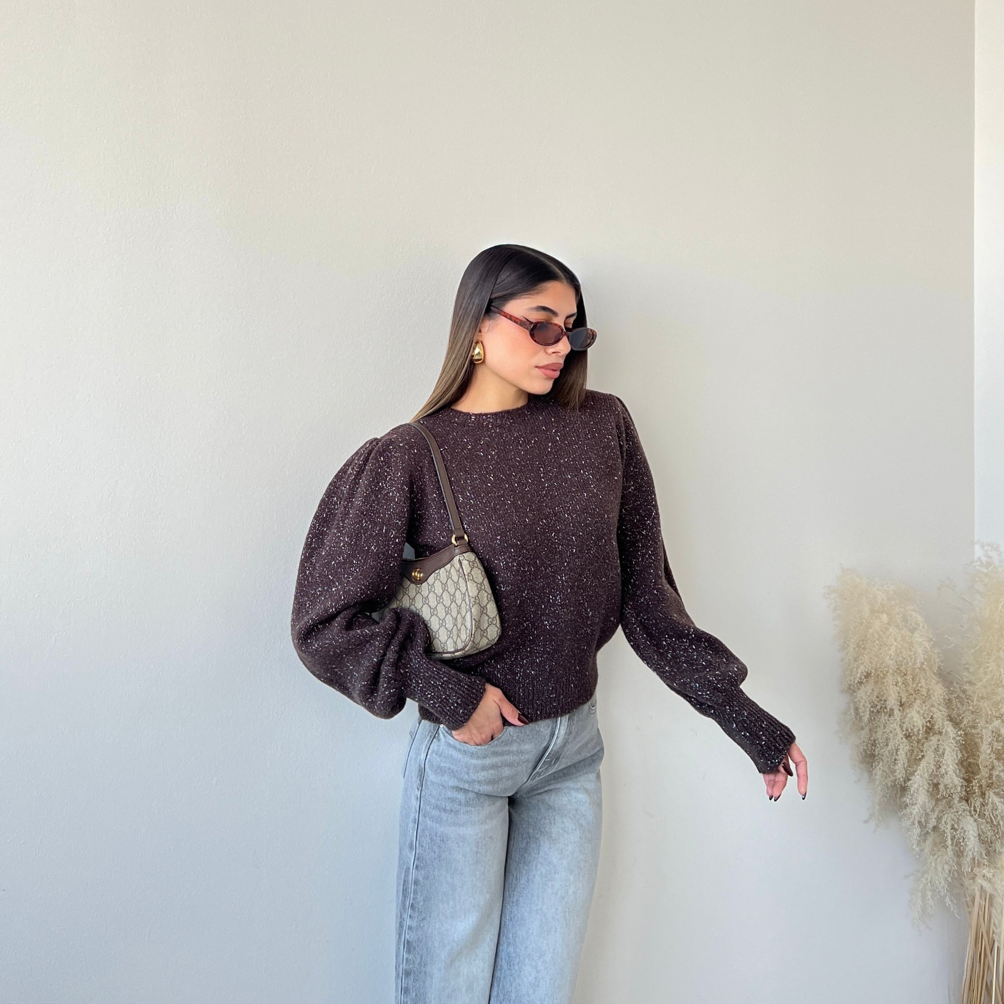 Pullover manica a sbuffo con fibre argento brown