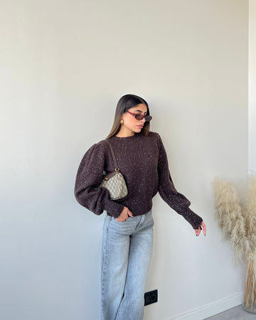 Pullover manica a sbuffo con fibre argento brown
