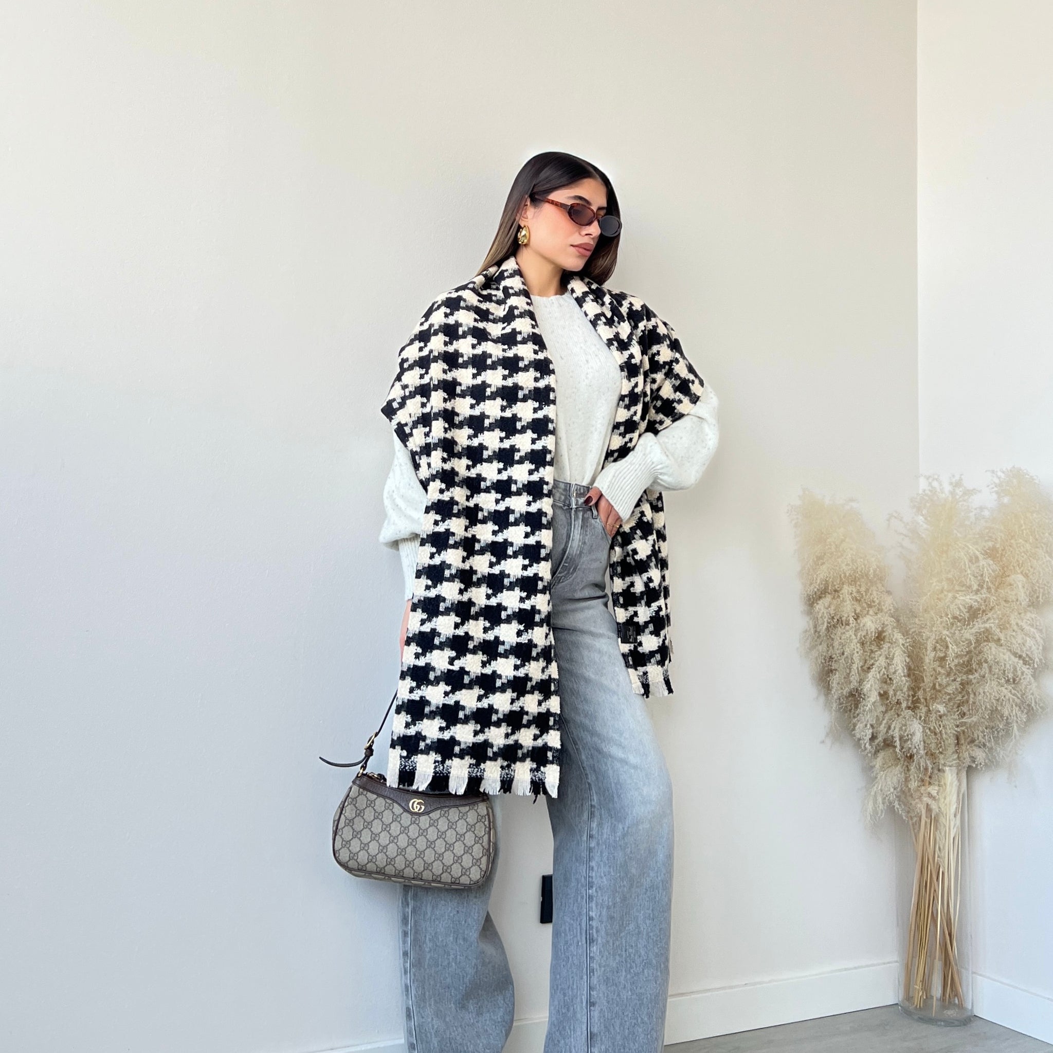 Sciarpa maxi pied de poule panna e nera