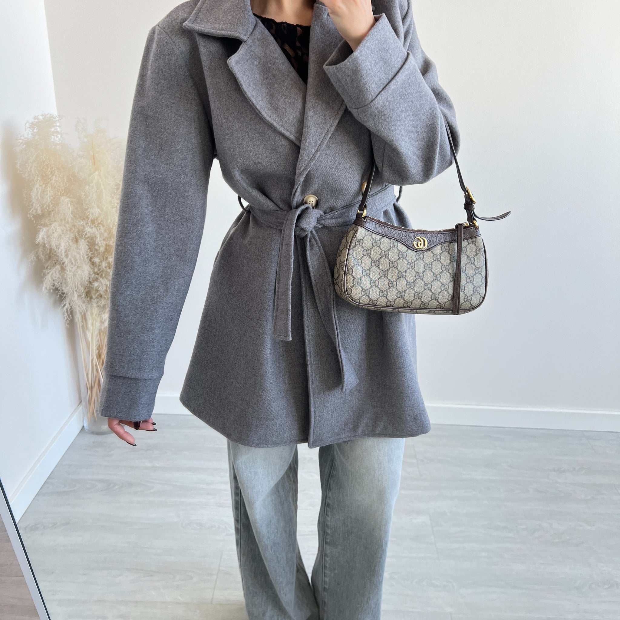 Cappotto medium con cintura grey