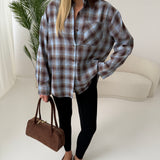 Camicia brown e celeste con colletto scamosciato brown
