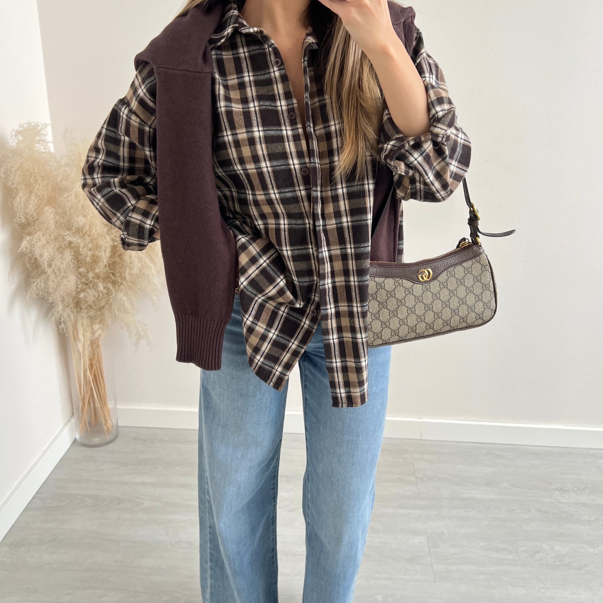 Camicia in caldo cotone tartan camel e brown