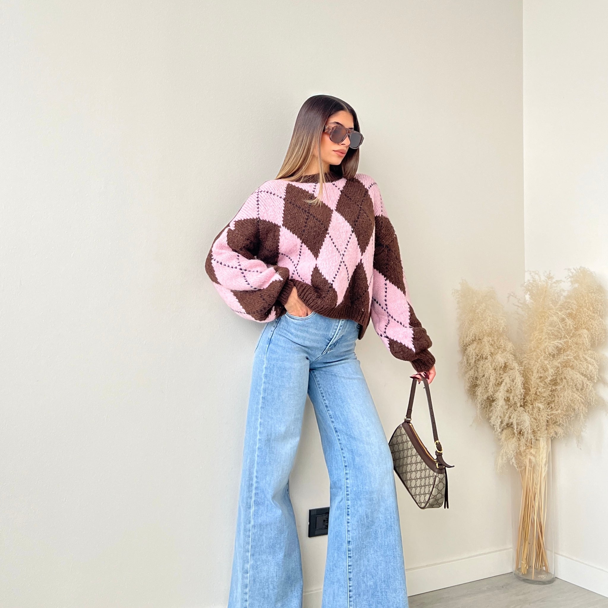 Maglione Cortina rosa e caffè