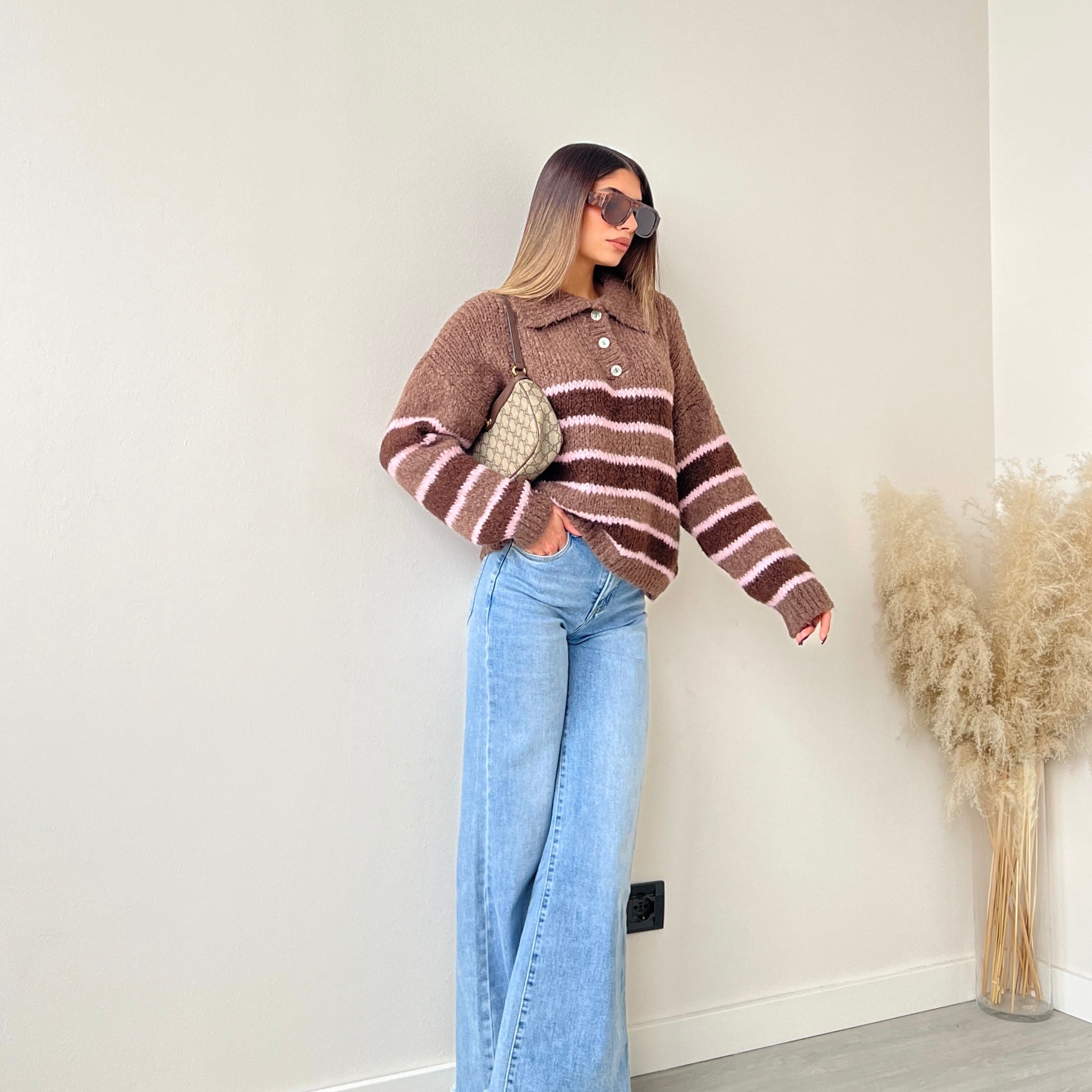 Maglione polo a righe cacao