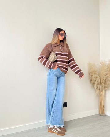 Maglione polo a righe cacao